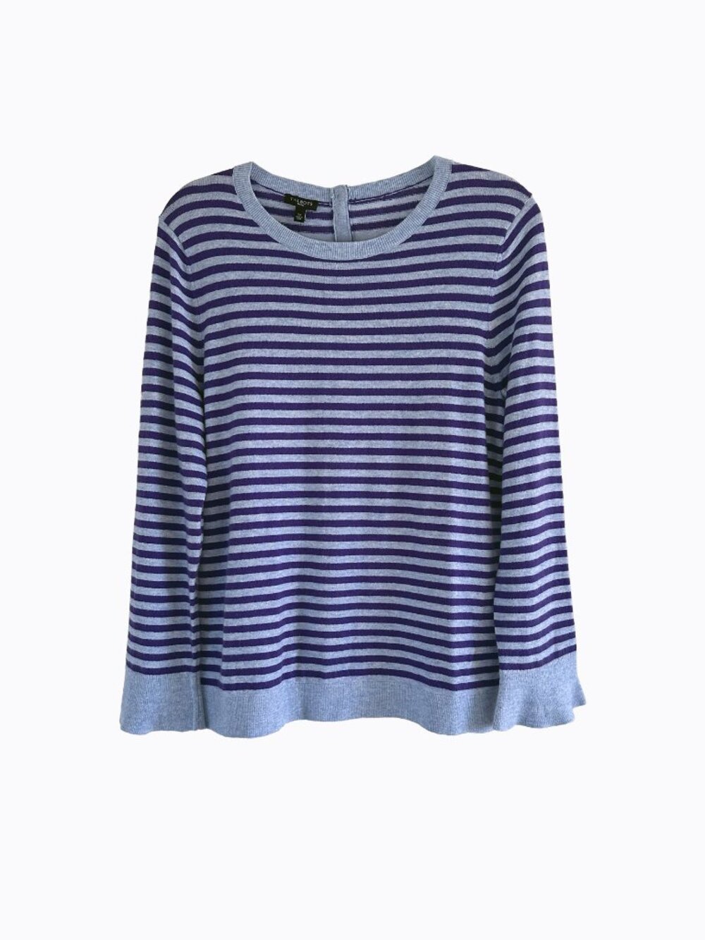 Blue Purple Striped Lambswool Sweater LP Flare Sleeve Button Preppy Coastal Chic